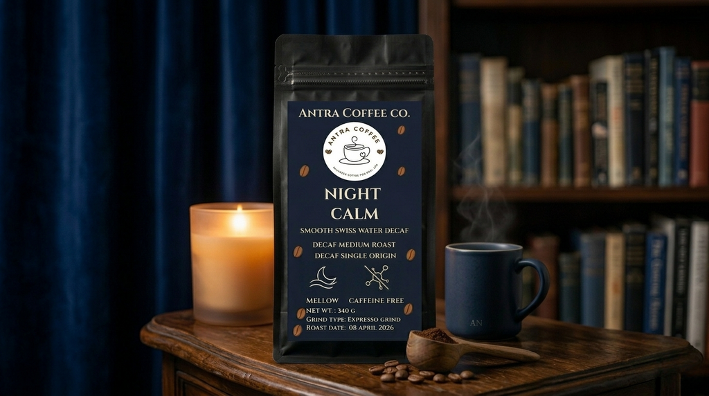 Night Calm decaf coffee bag by Antra Coffee, a gentle Swiss Water Process roast for a caffeine-free evening ritual.