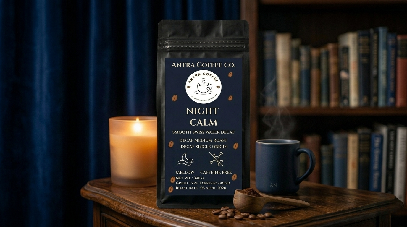 Night Calm decaf coffee bag by Antra Coffee, a gentle Swiss Water Process roast for a caffeine-free evening ritual.