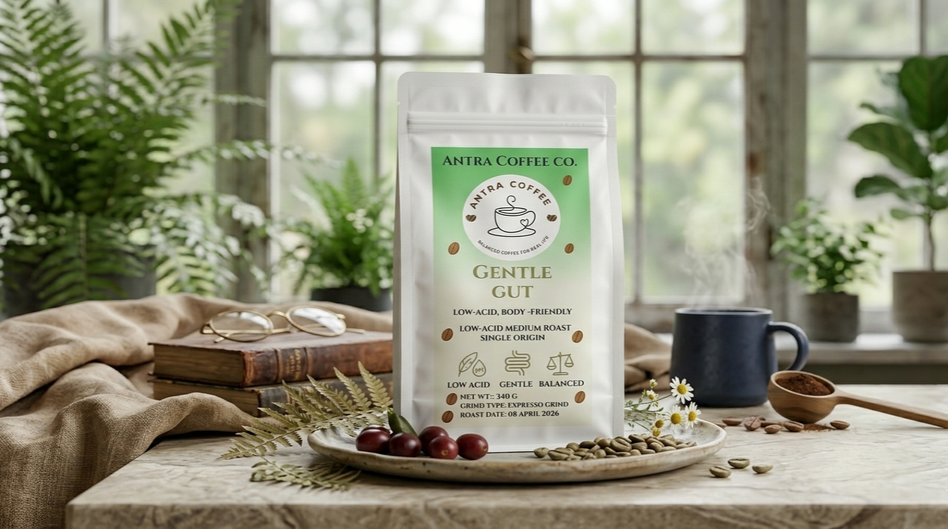 Antra Coffee Co. Gentle Gut coffee  - Low-acid body friendly and single origin coffee on a wooden table with a cup and coffee beans