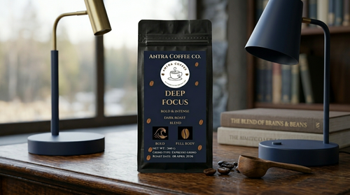 Antra Deep Focus whole bean specialty coffee bag, a rich and bold roast designed for high productivity and concentration.