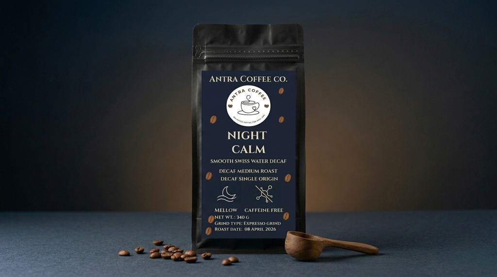 Night Calm decaf coffee bag by Antra Coffee, a gentle Swiss Water Process roast for a caffeine-free evening ritual.