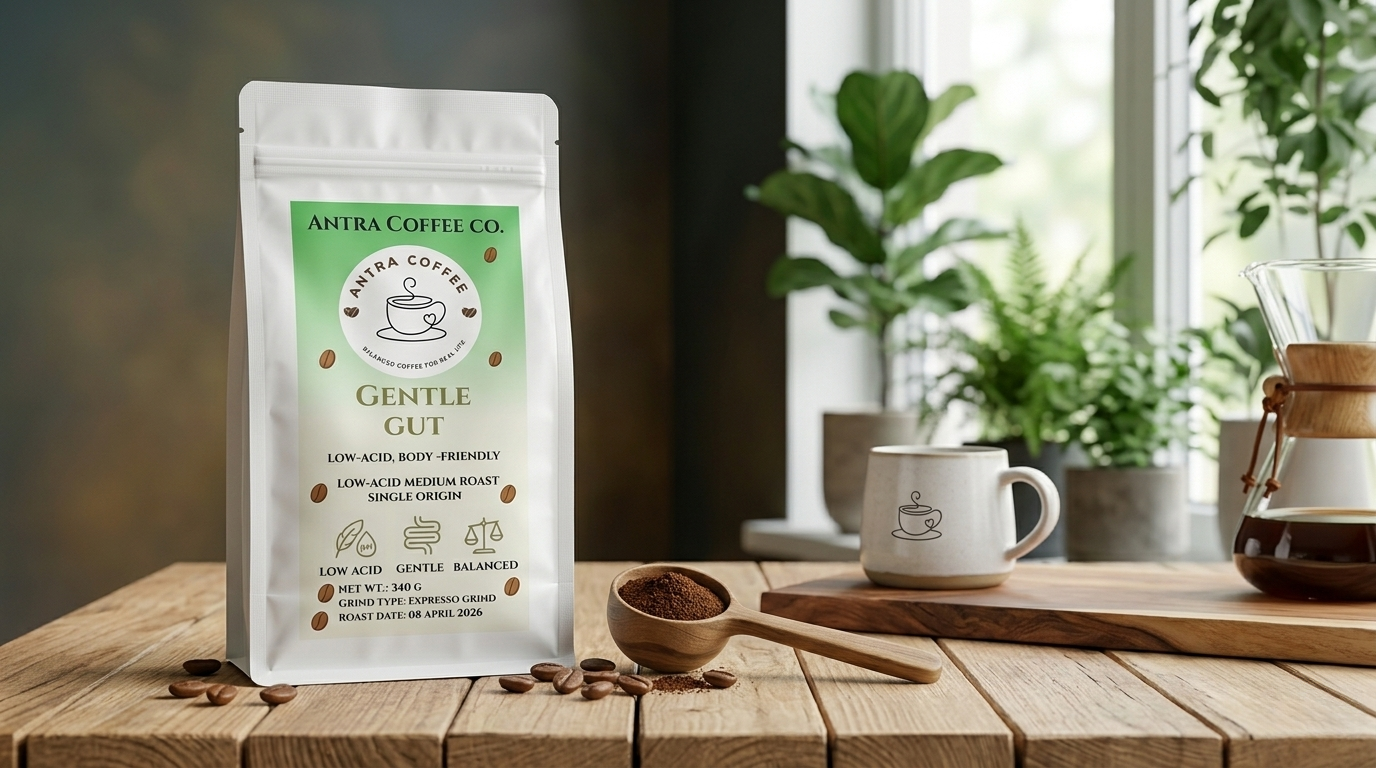 Antra Coffee Co. Gentle Gut coffee  - Low-acid body friendly and single origin coffee on a wooden table with a cup and coffee beans