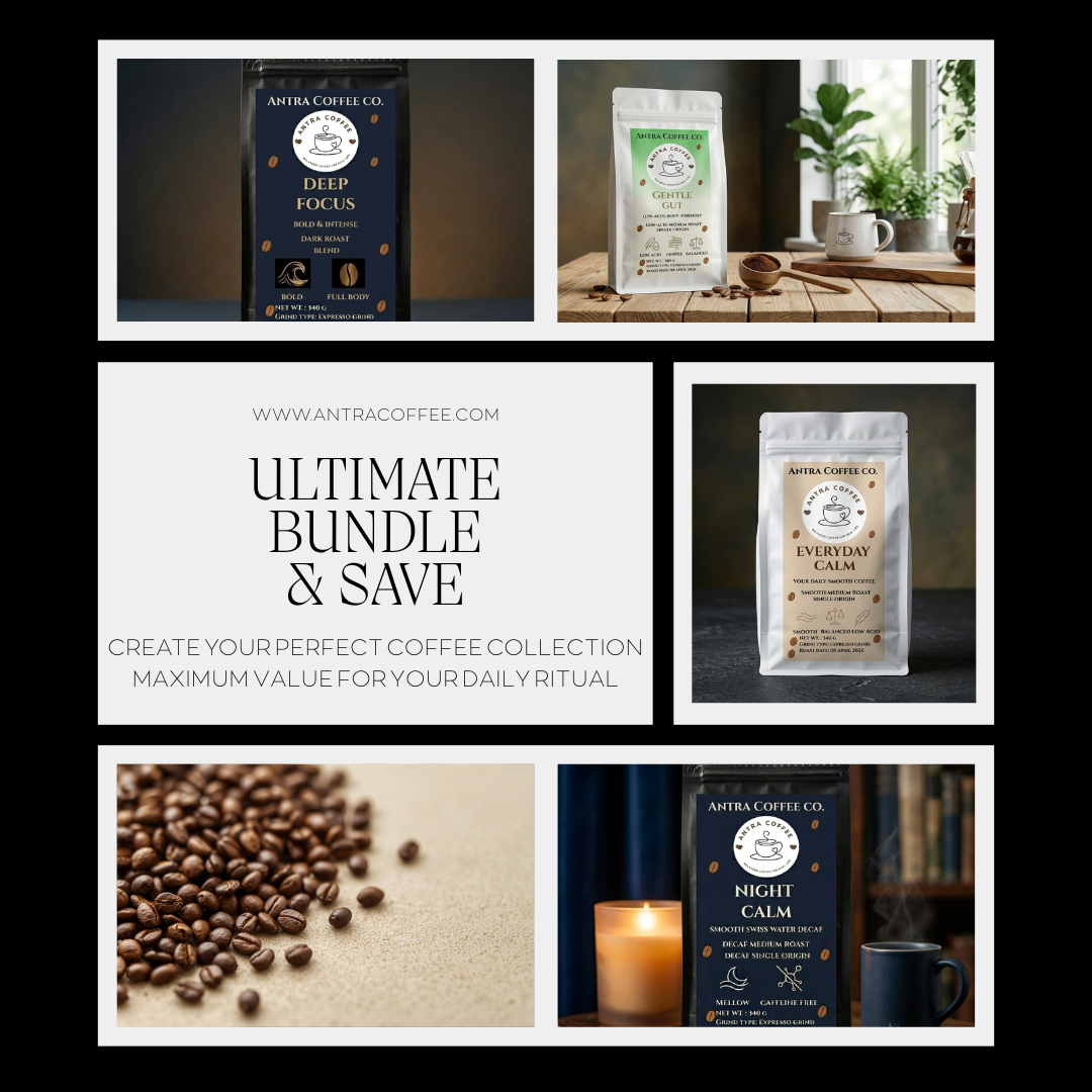 Antra Ritual Bundle set of four premium coffee bags including Everyday Calm, Night Calm, Gentle Gut, and Deep Focus roasts.