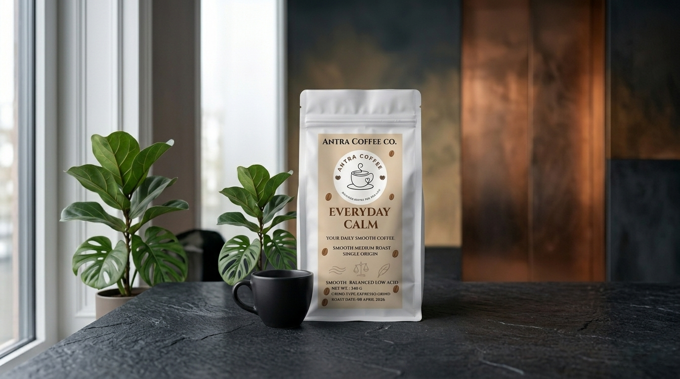 Antra Coffee Co. 'Everyday Calm' coffee bag with a black mug and plants on a table.