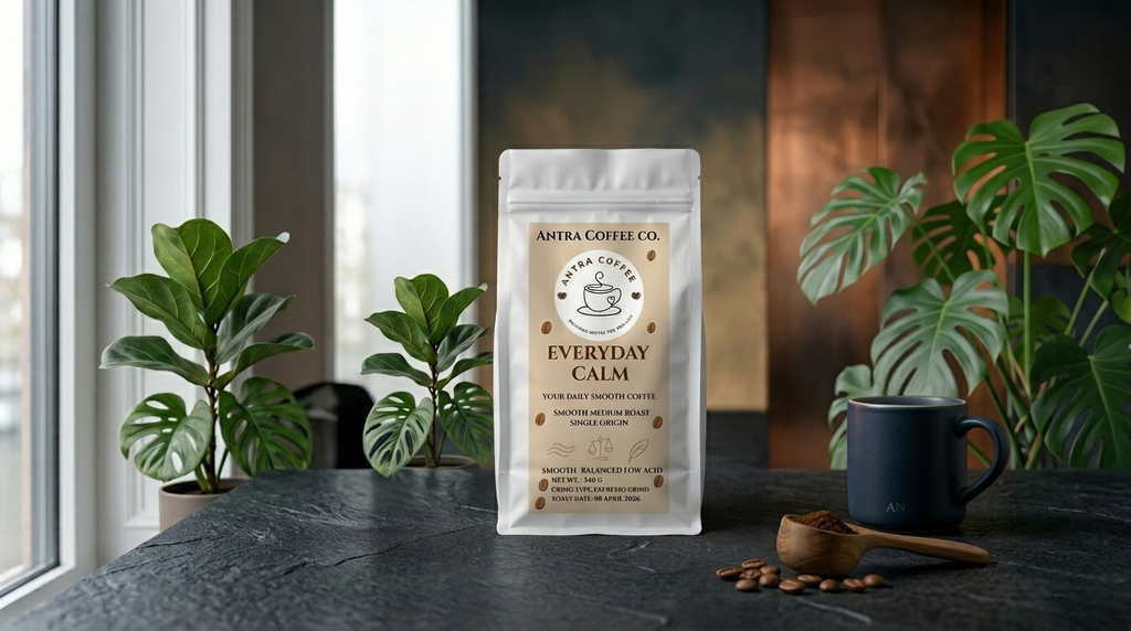 Antra Everyday Calm - Low Acid Guatemala Medium Roast Coffee Bag on a kitchen counter