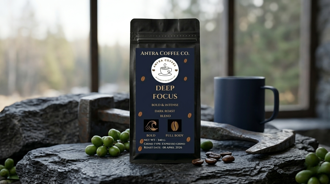 Antra Deep Focus whole bean specialty coffee bag, a rich and bold roast designed for high productivity and concentration.